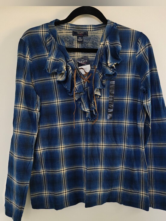 Chaps Tops - Chaps Denim vintage Y2K Cottagecore Plaid Ruffle Western lace-up neck size L